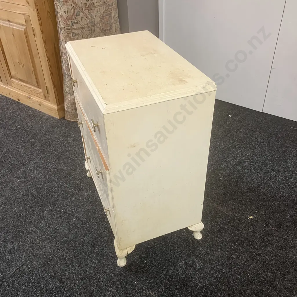 Vintage 3 Drawer Bedside Cabinet Painted Cream, Cabriole Legs (Handles As Found). H75 W61 D37.5cm Image 1++
