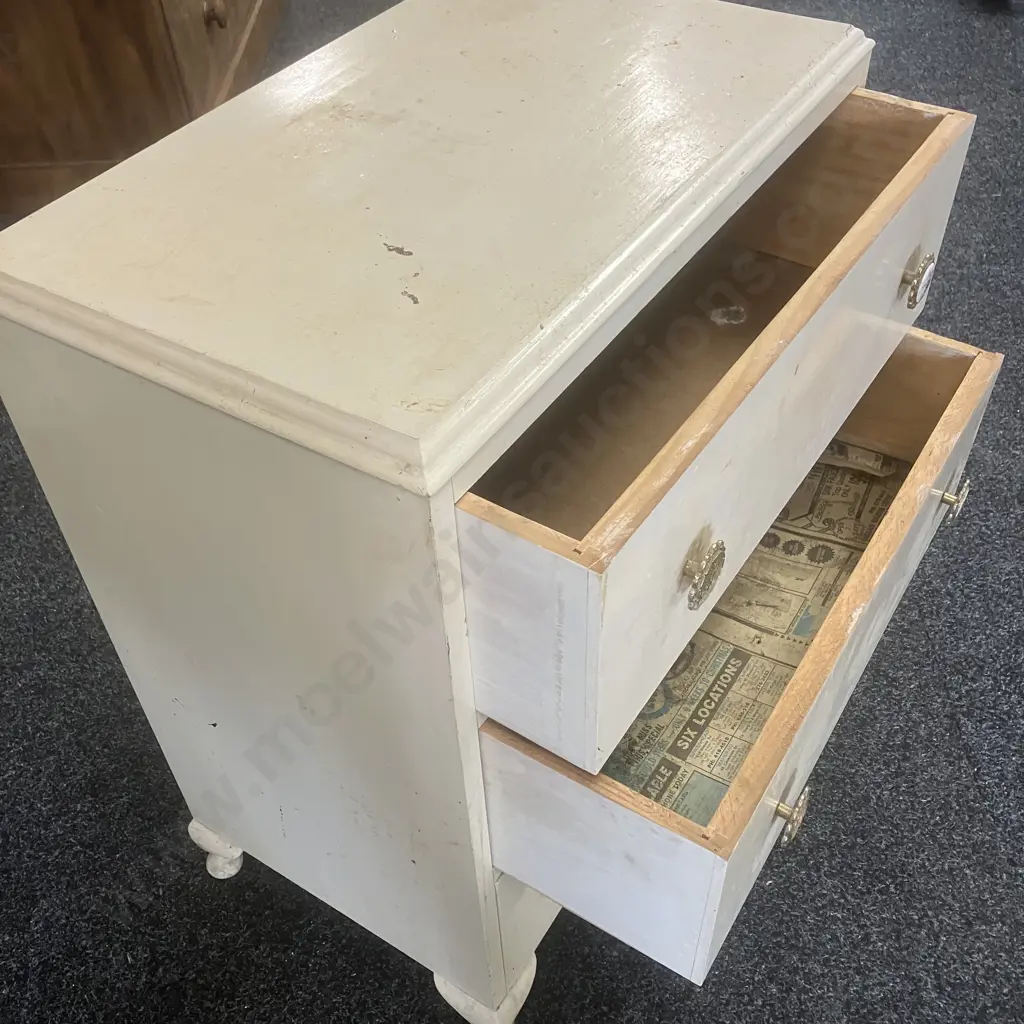 Vintage 3 Drawer Bedside Cabinet Painted Cream, Cabriole Legs (Handles As Found). H75 W61 D37.5cm Image 1++