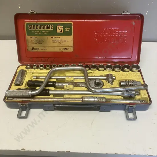 Sidchrome 1/2" Square Drive 25 Piece Metric Socket Set In Steel Case #320-1 (As Found)