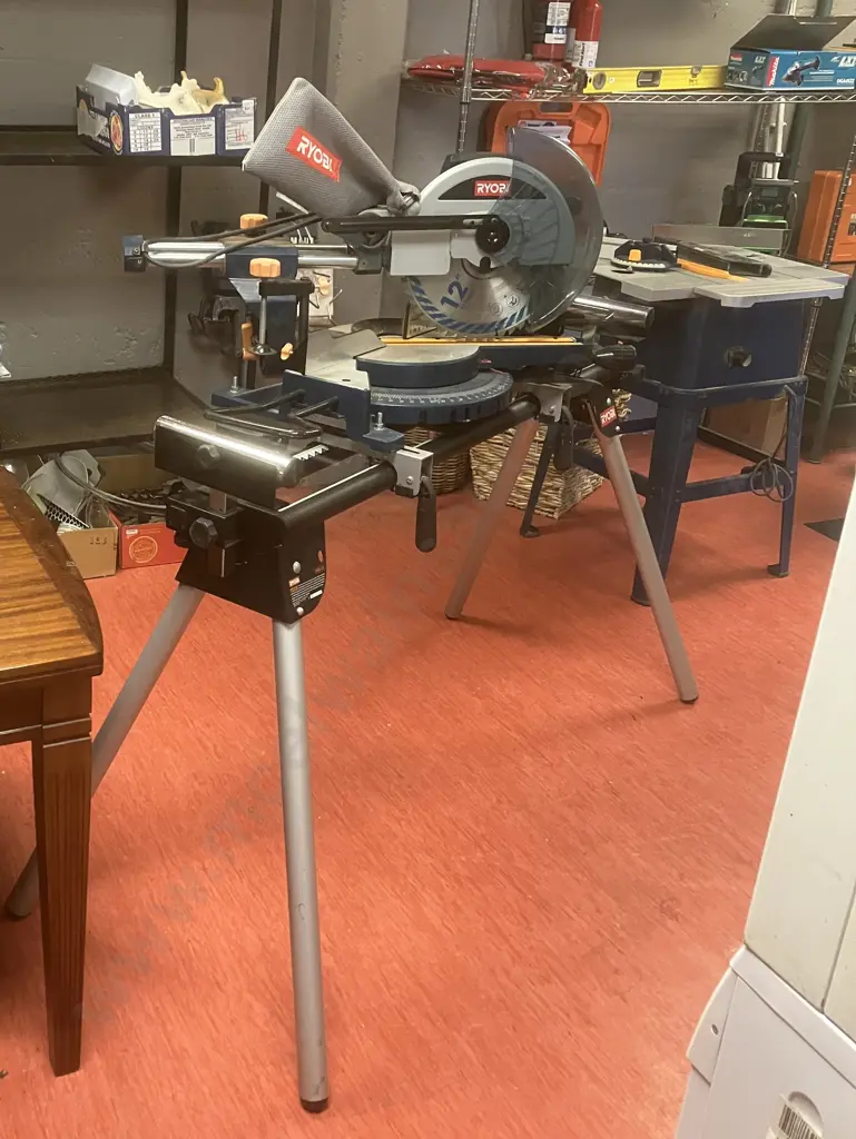 Ryobi 315mm Compound Mitre Saw Model EMS2431SCL With Ryobi AMS-02 Mitre Saw Stand With Rollers Image 1++