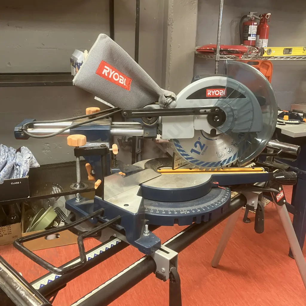 Ryobi 315mm Compound Mitre Saw Model EMS2431SCL With Ryobi AMS-02 Mitre Saw Stand With Rollers Image 1++
