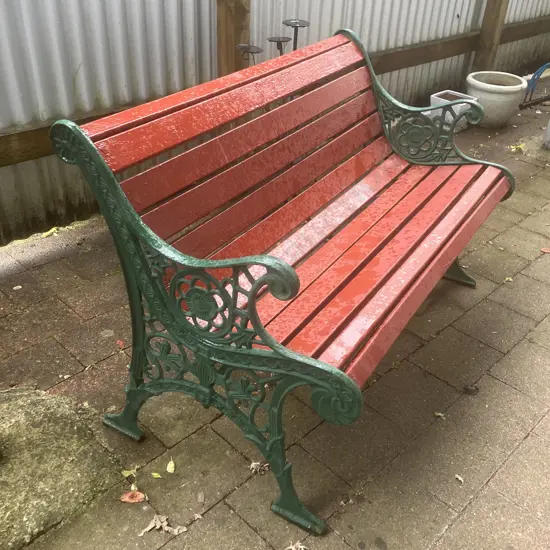 Heavy Cast Iron Park Bench, Green Painted Ornate Ends With Red Painted Wood Slats. H76 W117 D65cm