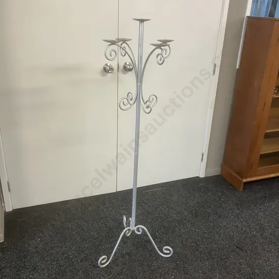 5 Candle Pedestal Candleabra Painted Silver. 139.5 x 42cm