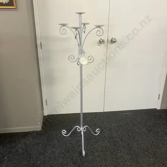 5 Candle Pedestal Candleabra Painted Silver. 139.5 x 42cm