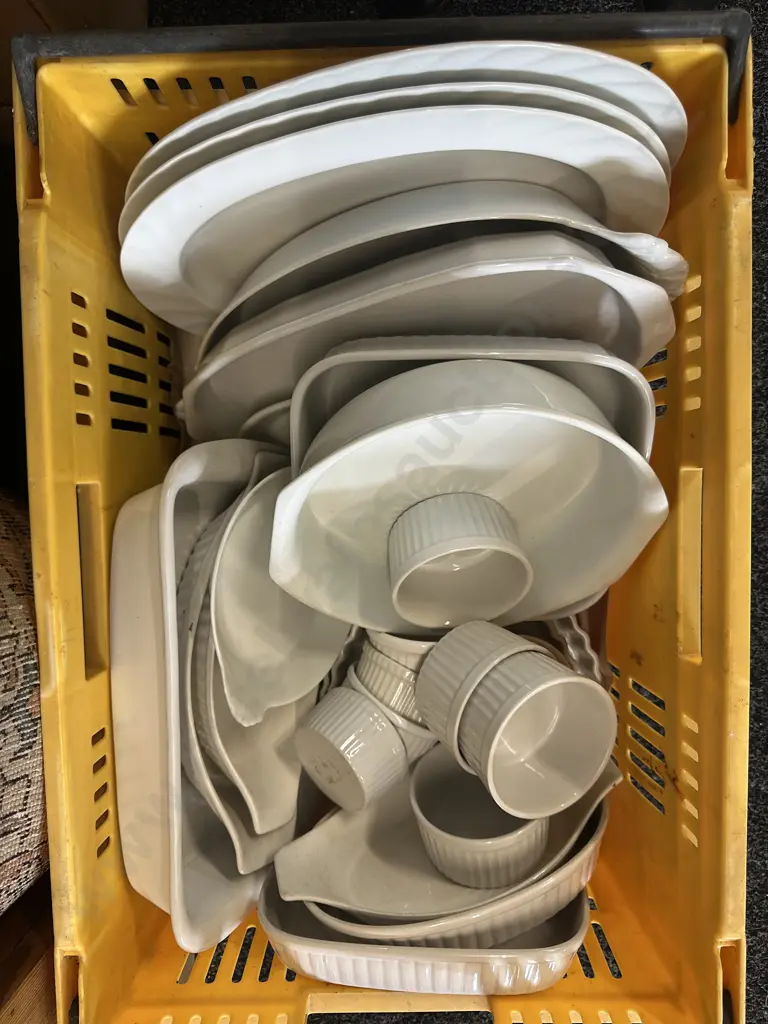 Assorted Platters, Ramekins Etc In Yellow Crate Image 1++