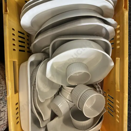 Assorted Platters, Ramekins Etc In Yellow Crate
