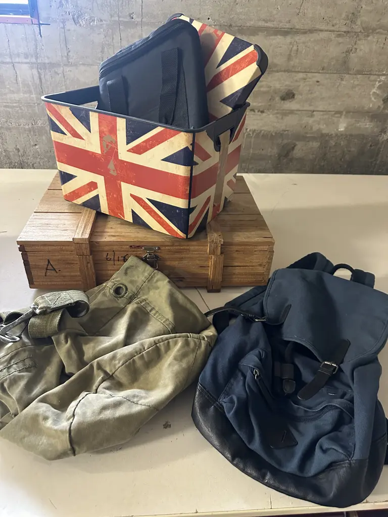 Army Duffle Bag, Blue Back Pack, Wooden Case Etc Image 1++