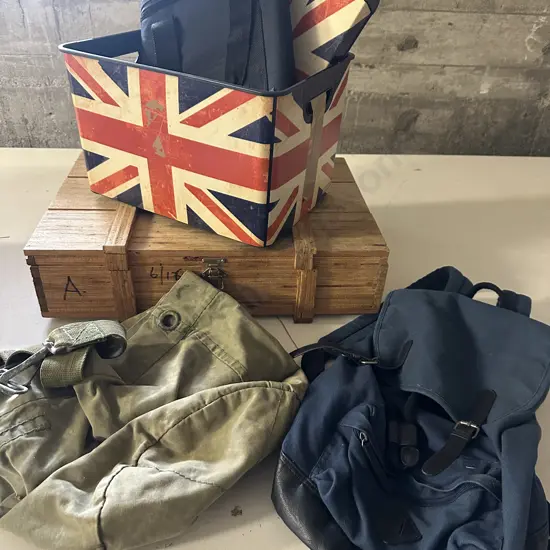 Army Duffle Bag, Blue Back Pack, Wooden Case Etc