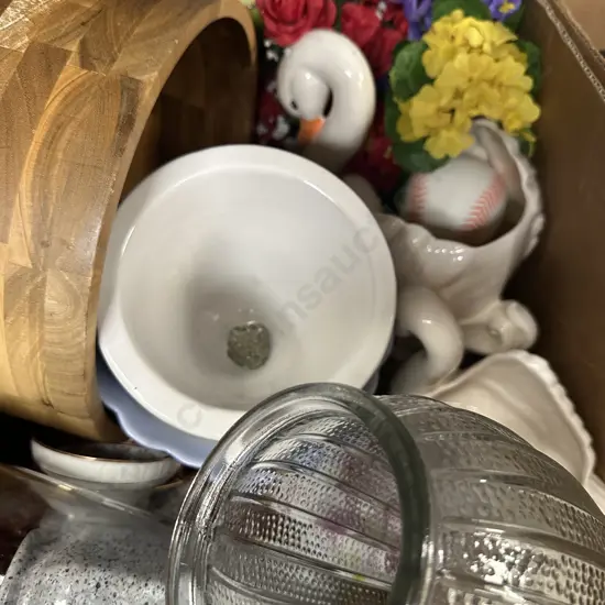 Box lot Glass Vases, Planters, Wooden Bowl Etc