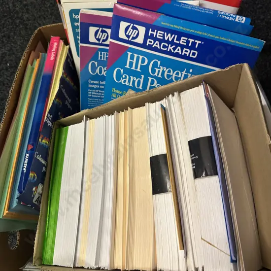 Box Lot Of Stationary Items Including Coated Paper, Envelopes, Labels Etc