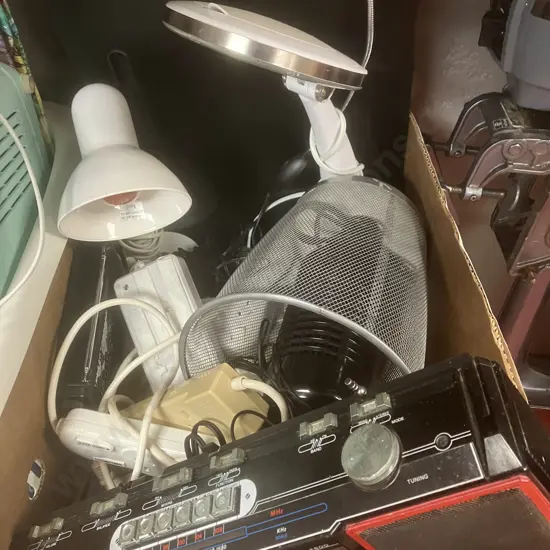 Box lot Electrics, Lamps, Power Boards Etc