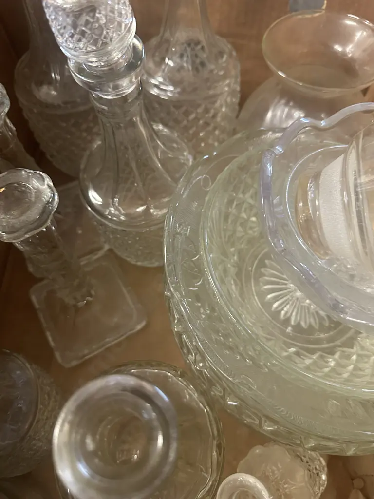 Box Lot Vintage Cut Glass Decanters, Candlesticks, Vases & Bowls Image 1++