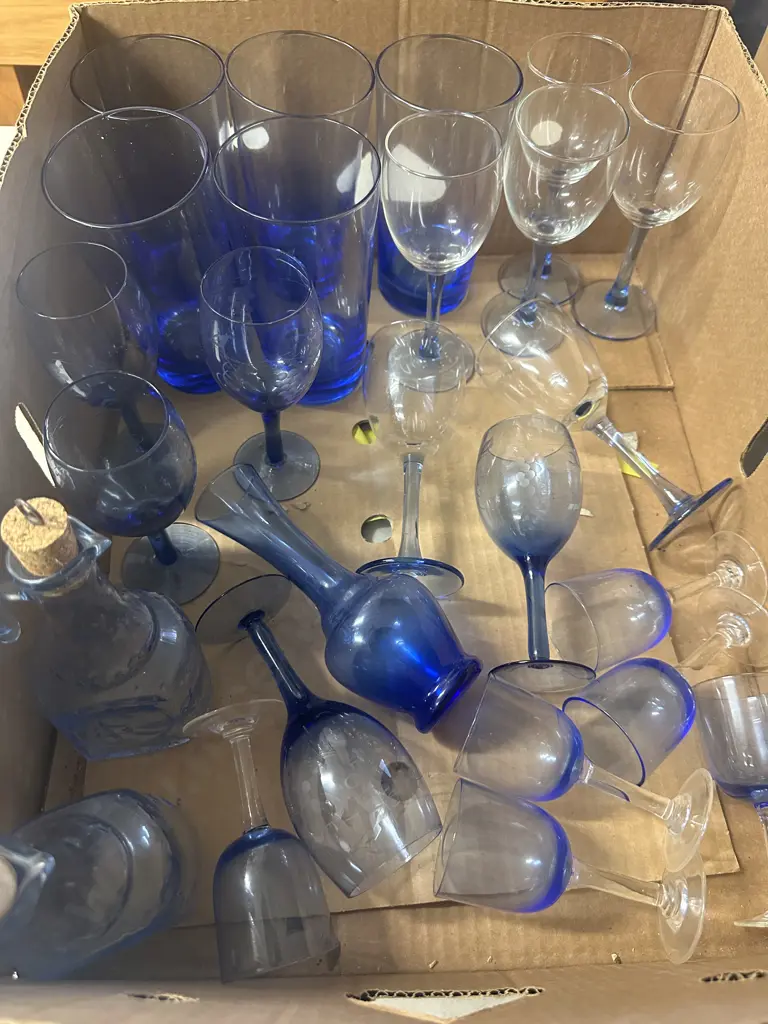 Box lot Assorted Blue Glass Items Image 1++