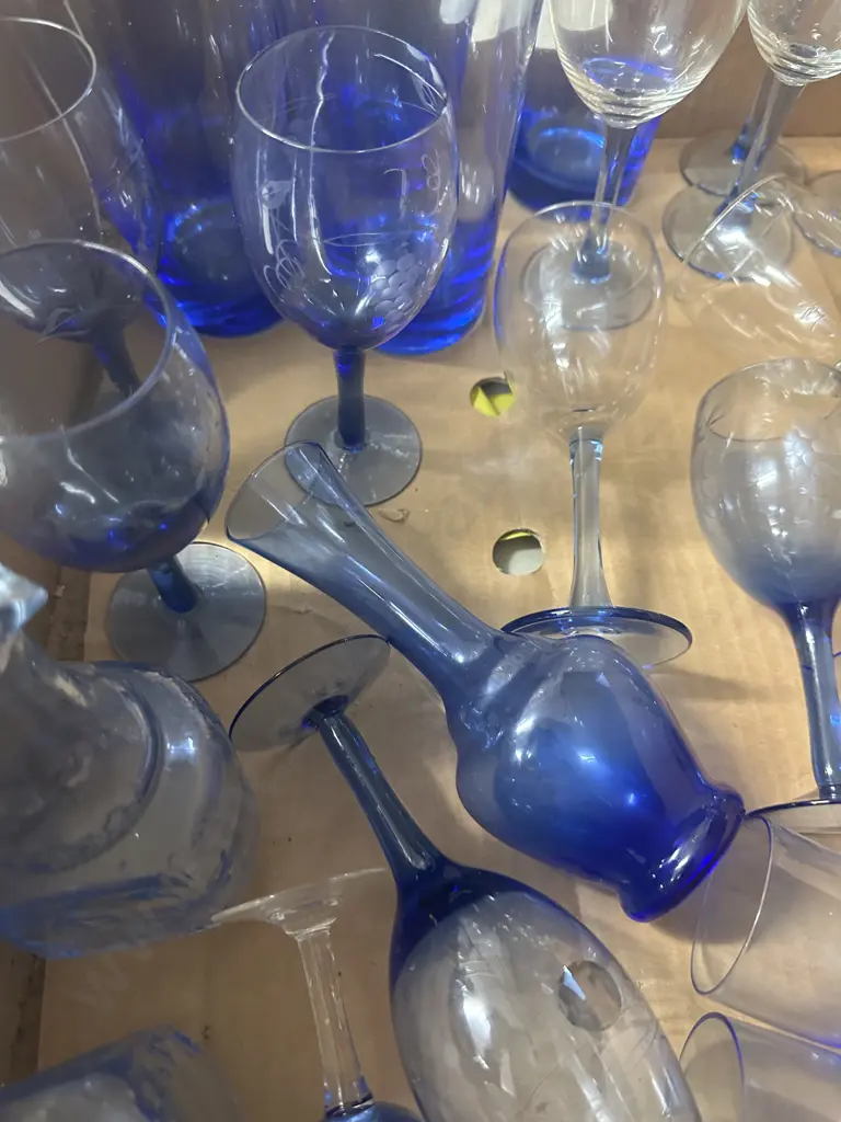 Box lot Assorted Blue Glass Items Image 1++