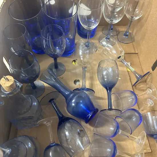 Box lot Assorted Blue Glass Items