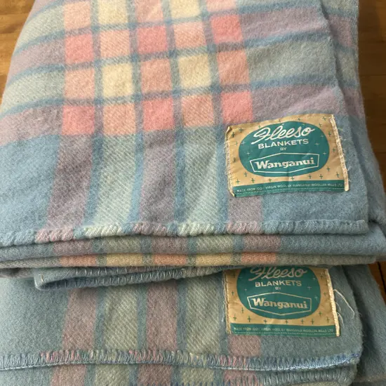 Pair Of Vintage Fleeso Woollen Blankets By Wanganui