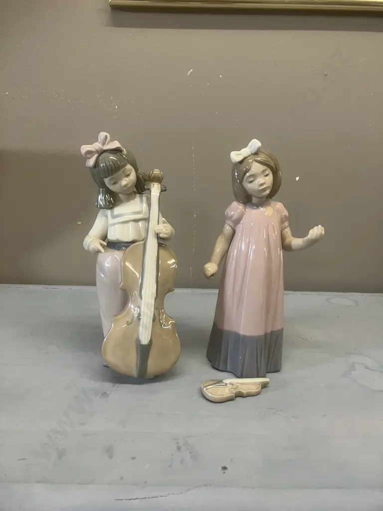 Nao by Lladro "Girl Playing Cello" Porcelain Figurine 1992-2007. H19cm (No Bow) & "First Solo" 1987-1989 Damaged Image 1++