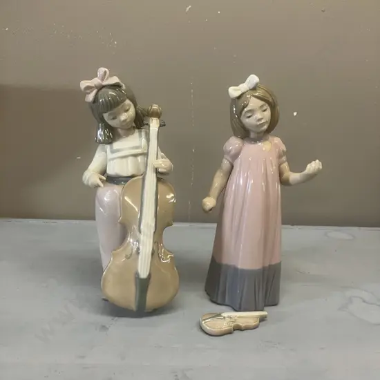 Nao by Lladro "Girl Playing Cello" Porcelain Figurine 1992-2007. H19cm (No Bow) & "First Solo" 1987-1989 Damaged