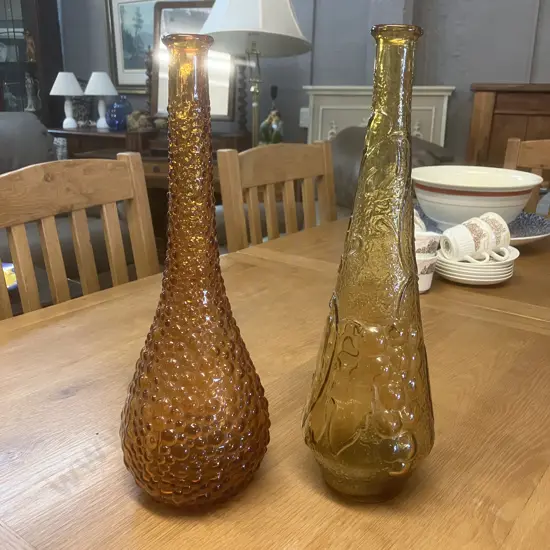 Vintage Amber Empoli 39cm Genie Bottle & Yellow Grape Patterned Empoli 40cm Genie Bottle