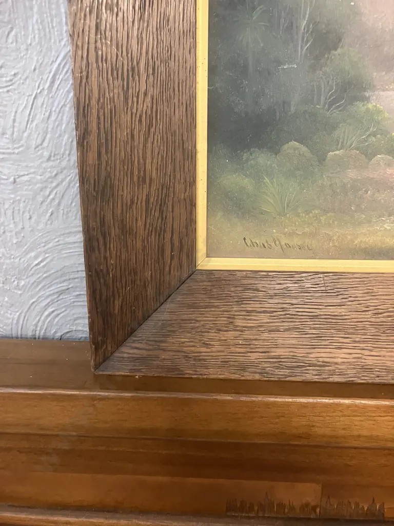 Charles (Chas.) Young Antique Colonial Landscape (Working 1884-1918), Signed Bottom Left, Oak Framed 44 x 60.5cm Image 1++