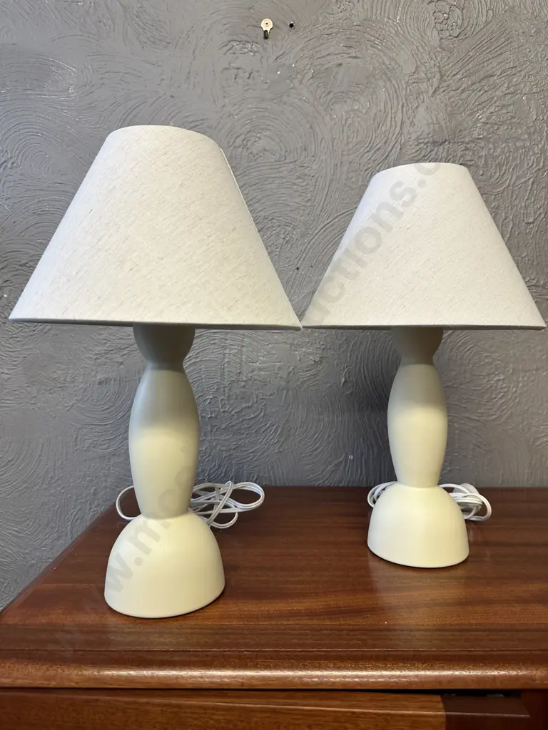 Pair Of Table Lamps Candle Shape Base With Beige Shade Image 1++