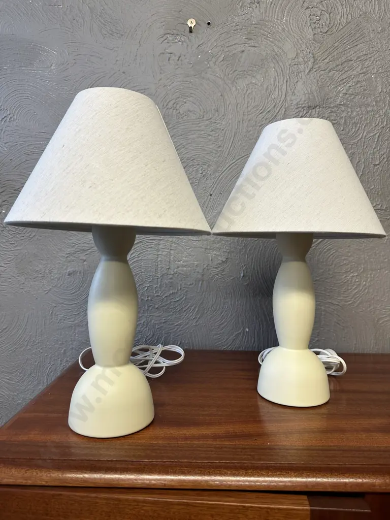 Pair Of Table Lamps Candle Shape Base With Beige Shade Image 1++