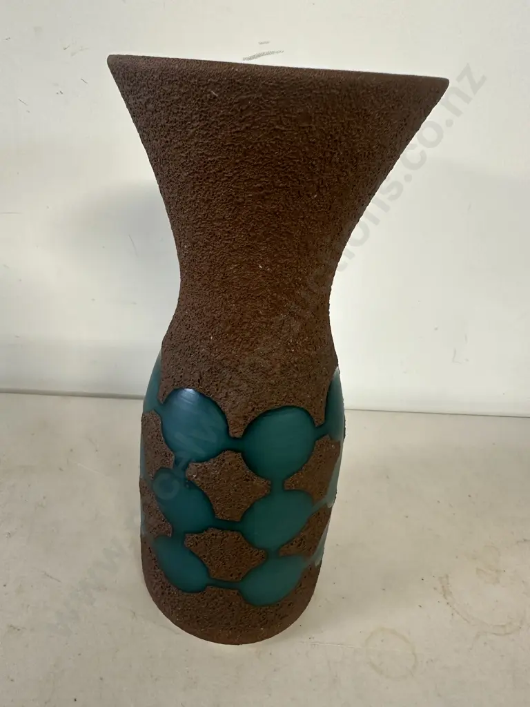 West German Pottery Vase Rough Glaze In Brown Colour With Green Circular Detail H25cm. Image 1++