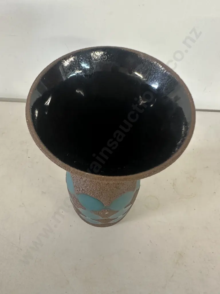 West German Pottery Vase Rough Glaze In Brown Colour With Green Circular Detail H25cm. Image 1++