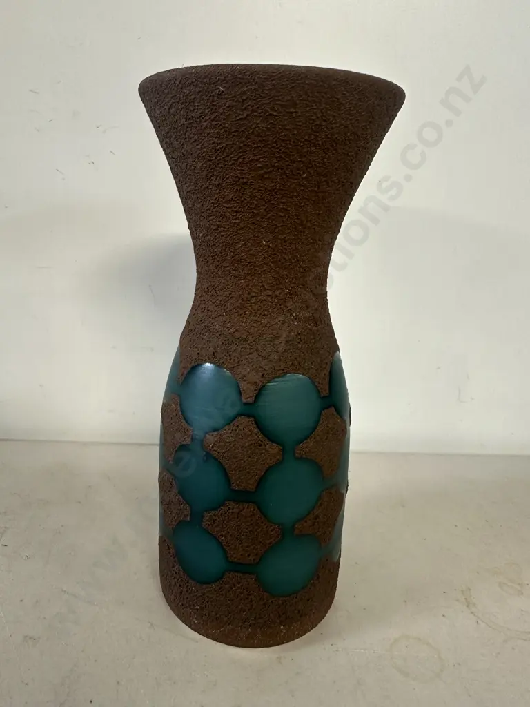 West German Pottery Vase Rough Glaze In Brown Colour With Green Circular Detail H25cm. Image 1++