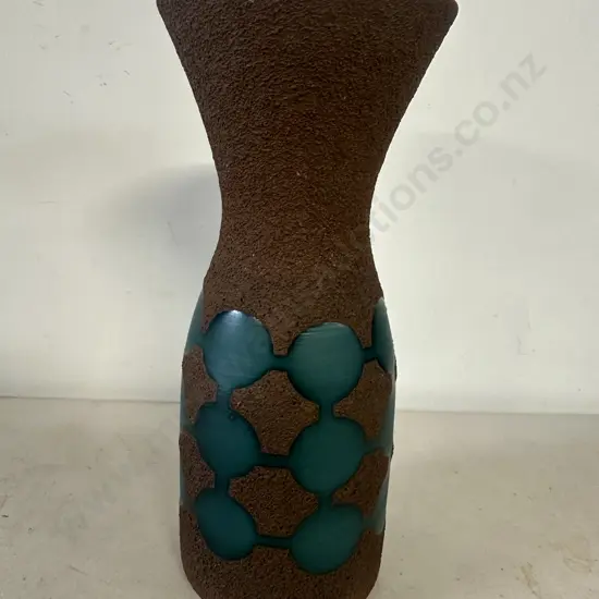 West German Pottery Vase Rough Glaze In Brown Colour With Green Circular Detail H25cm.