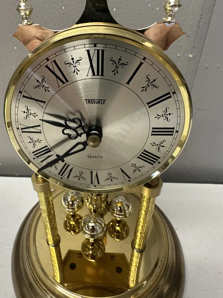 Vintage Gold Coloured Trenkle Quartz Dome Clock With Rotating Pendulum & Roman Numerals Image 1++