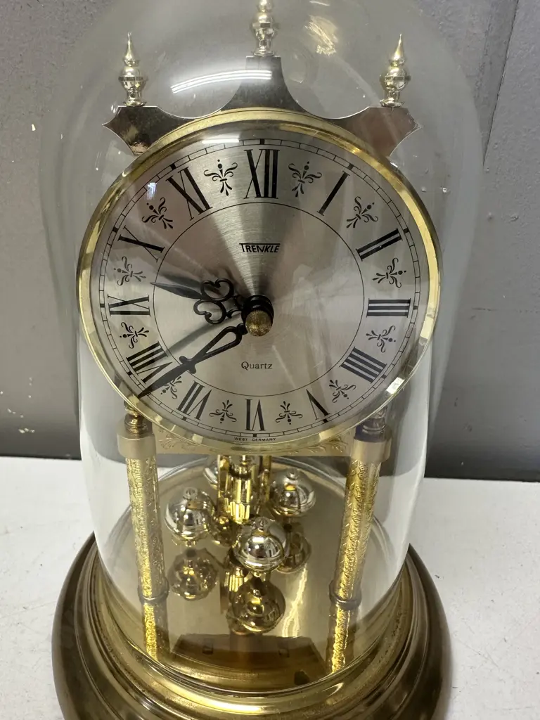 Vintage Gold Coloured Trenkle Quartz Dome Clock With Rotating Pendulum & Roman Numerals Image 1++