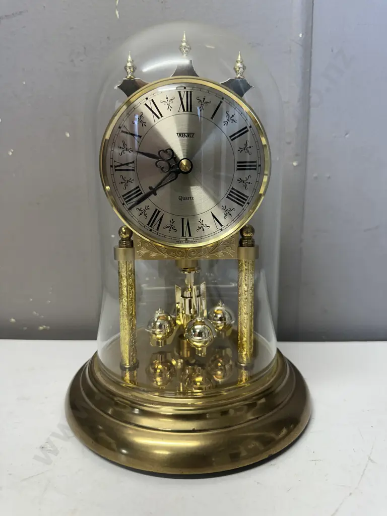 Vintage Gold Coloured Trenkle Quartz Dome Clock With Rotating Pendulum & Roman Numerals Image 1++
