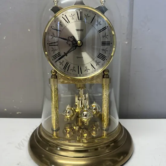 Vintage Gold Coloured Trenkle Quartz Dome Clock With Rotating Pendulum & Roman Numerals