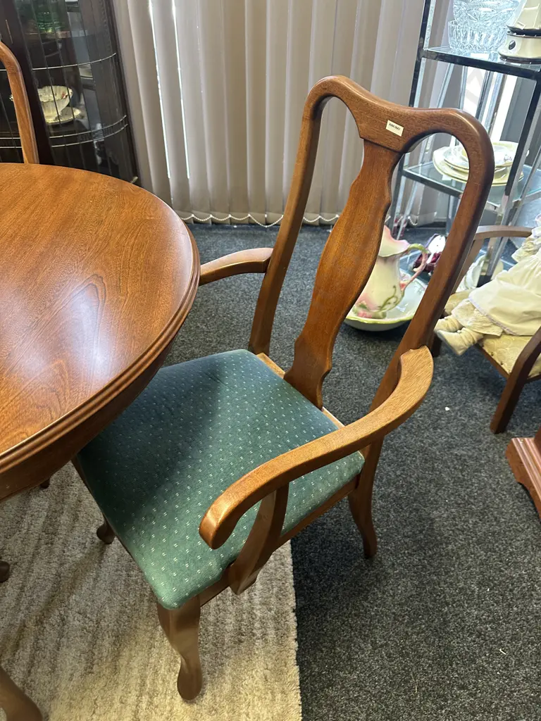 Mahogany Extension Dining Table With 6 Green Upholstered Dining Chairs Includes 2 Armed, Cab Legs. H73 W184 D100cm Image 1++