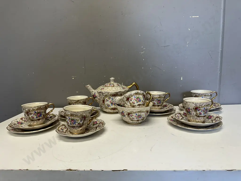 James Kent Ltd Tea Ware 'Pompadour' Pattern Including Teapot, Sugar Bowl & Creamer With 5 Trios & 1 Duo   Image 1++