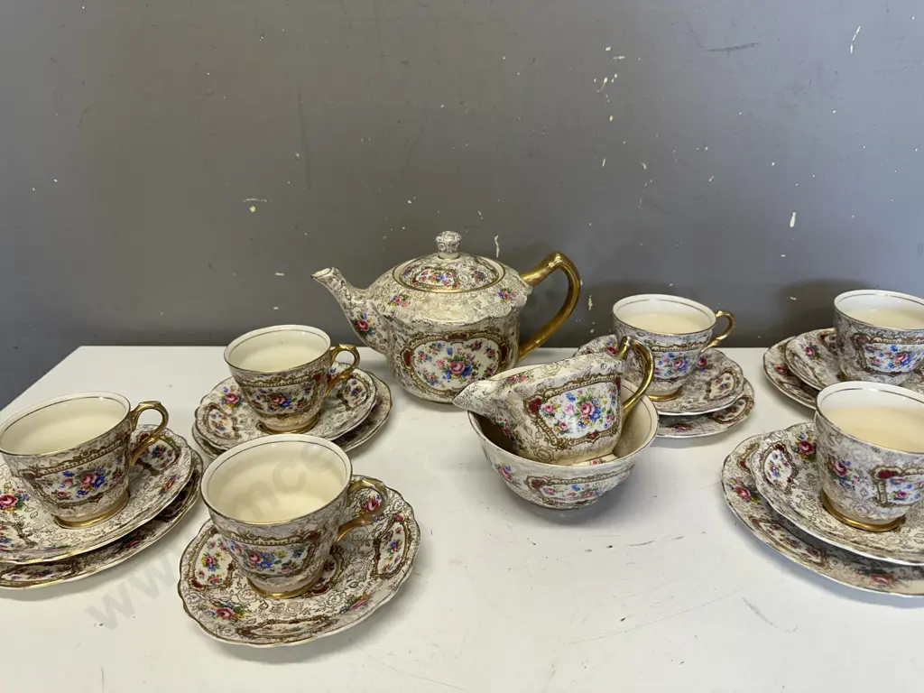 James Kent Ltd Tea Ware 'Pompadour' Pattern Including Teapot, Sugar Bowl & Creamer With 5 Trios & 1 Duo   Image 1++