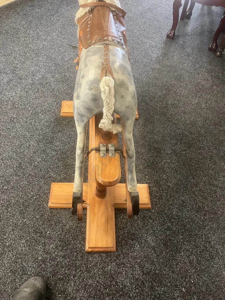 Victorian Style Rocking Horse - Dapple Grey, Leather Saddle On a Pine Stand With Twin Turned Pillars. H94 W116 D50cm Image 1++