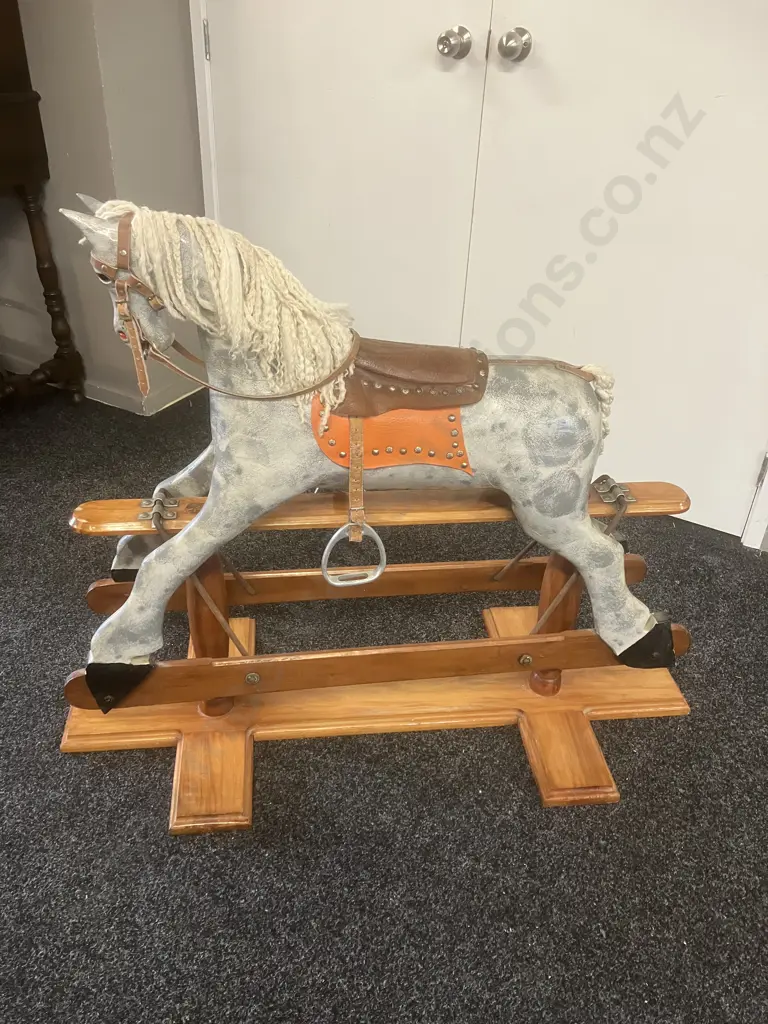 Victorian Style Rocking Horse - Dapple Grey, Leather Saddle On a Pine Stand With Twin Turned Pillars. H94 W116 D50cm Image 1++