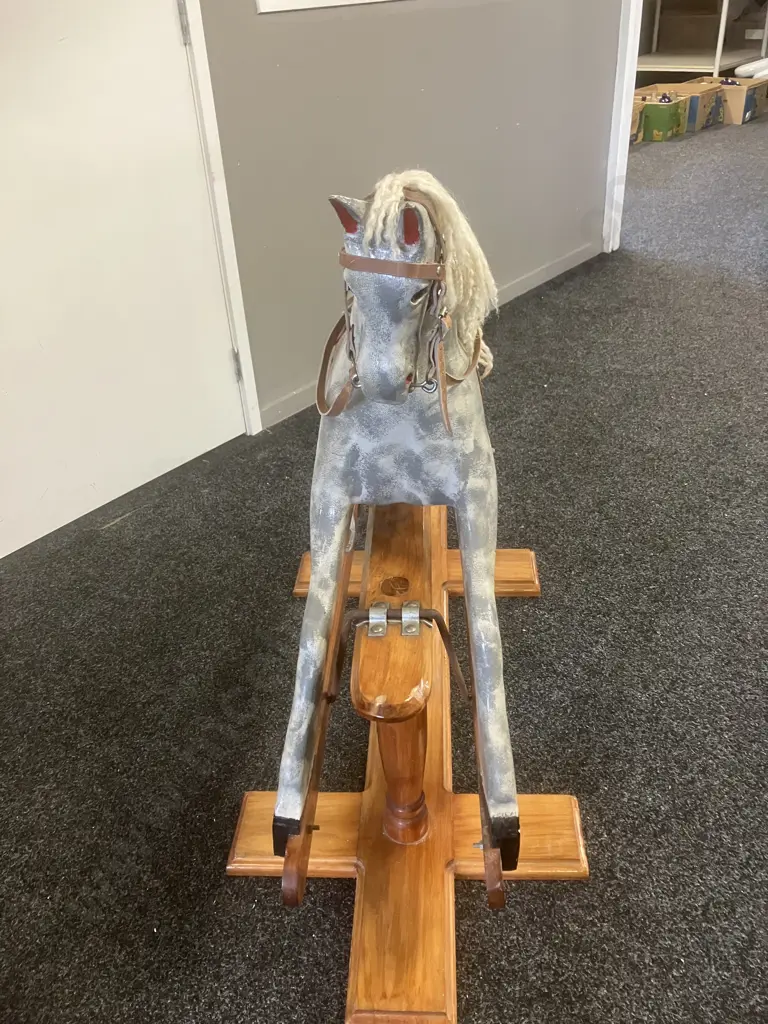 Victorian Style Rocking Horse - Dapple Grey, Leather Saddle On a Pine Stand With Twin Turned Pillars. H94 W116 D50cm Image 1++