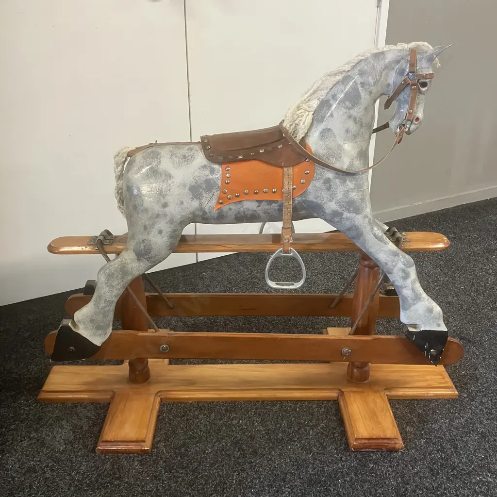Victorian Style Rocking Horse - Dapple Grey, Leather Saddle On a Pine Stand With Twin Turned Pillars. H94 W116 D50cm Image 1++