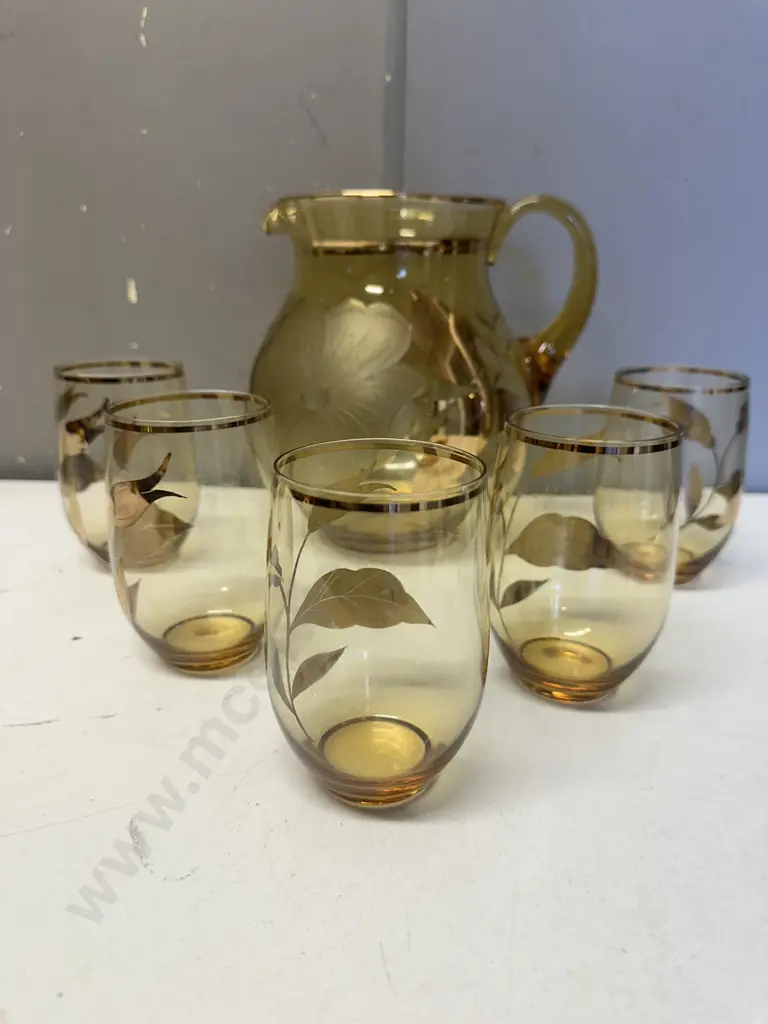 Vintage Amber Glass Pitcher With Five Matching Glasses Image 1++