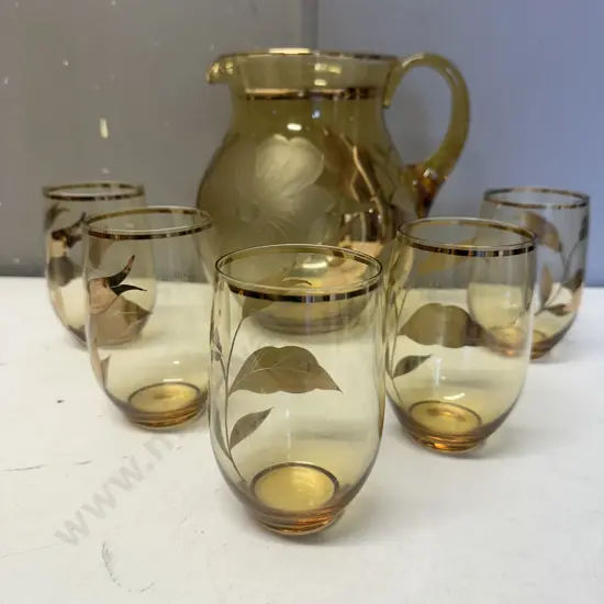 Vintage Amber Glass Pitcher With Five Matching Glasses