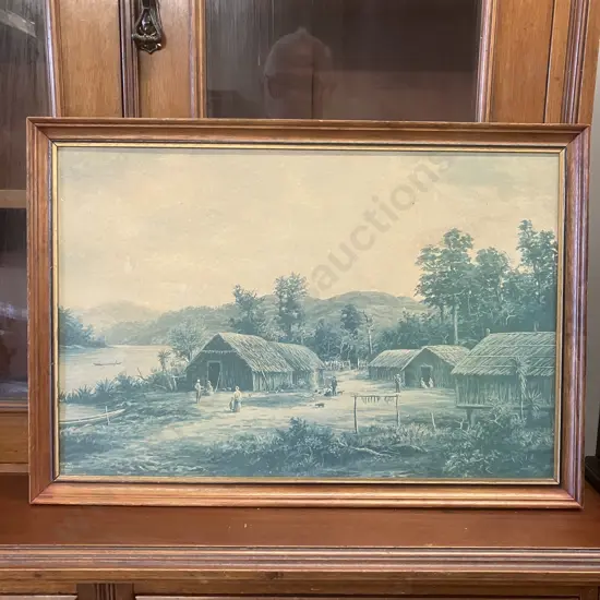 W.G. Baker Framed Print Maori Pah, Waikato River. 40 x 58cm