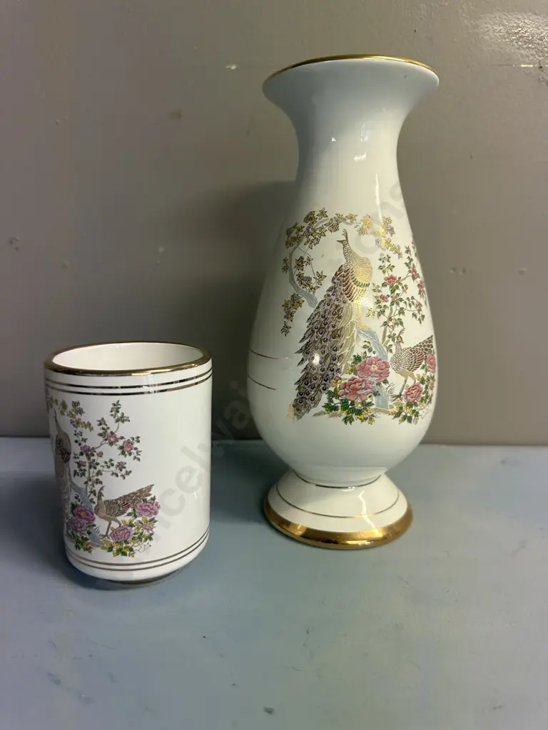 Vintage Handmade In Greece 24k Gold Detail Vase & Neotitou 24k Gold Detail Cylindrical Tumbler  Peacock Themed Image 1++