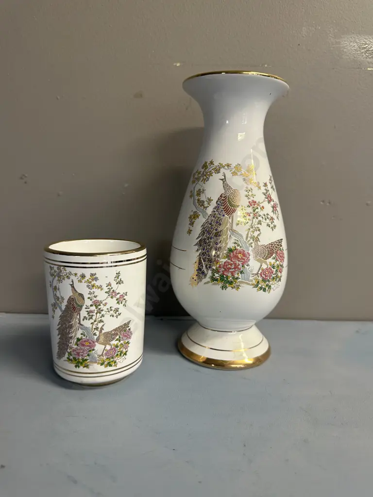 Vintage Handmade In Greece 24k Gold Detail Vase & Neotitou 24k Gold Detail Cylindrical Tumbler  Peacock Themed Image 1++