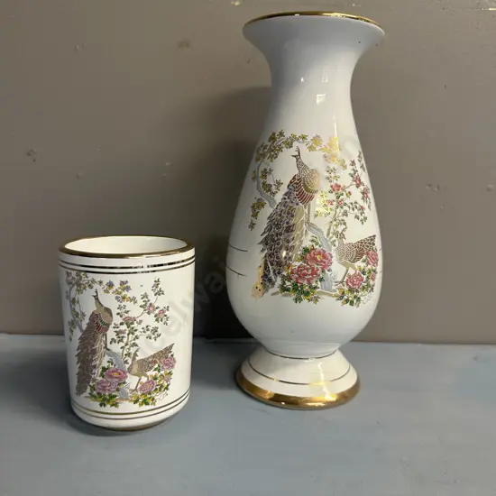 Vintage Handmade In Greece 24k Gold Detail Vase & Neotitou 24k Gold Detail Cylindrical Tumbler  Peacock Themed