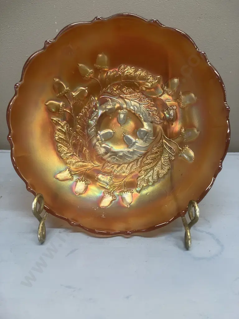 Antique Fenton Acorn Marigold Carnival Glass Bowl, Early 1900s. 5.5 x 17.5cm Image 1++