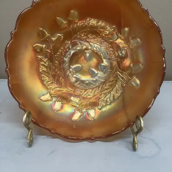 Antique Fenton Acorn Marigold Carnival Glass Bowl, Early 1900s. 5.5 x 17.5cm