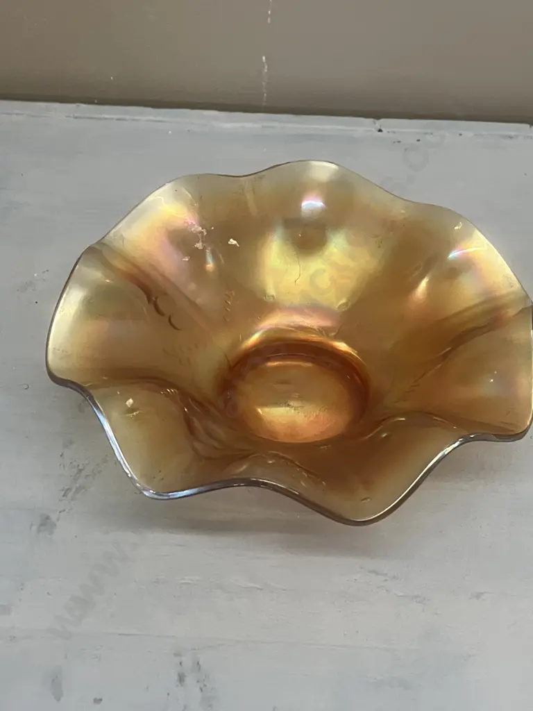 Antique Dugan Daisy Dear Carnival Glass 8-Ruffle Bowl In Marigold, Early 1900s. 6 x 17cm Image 1++